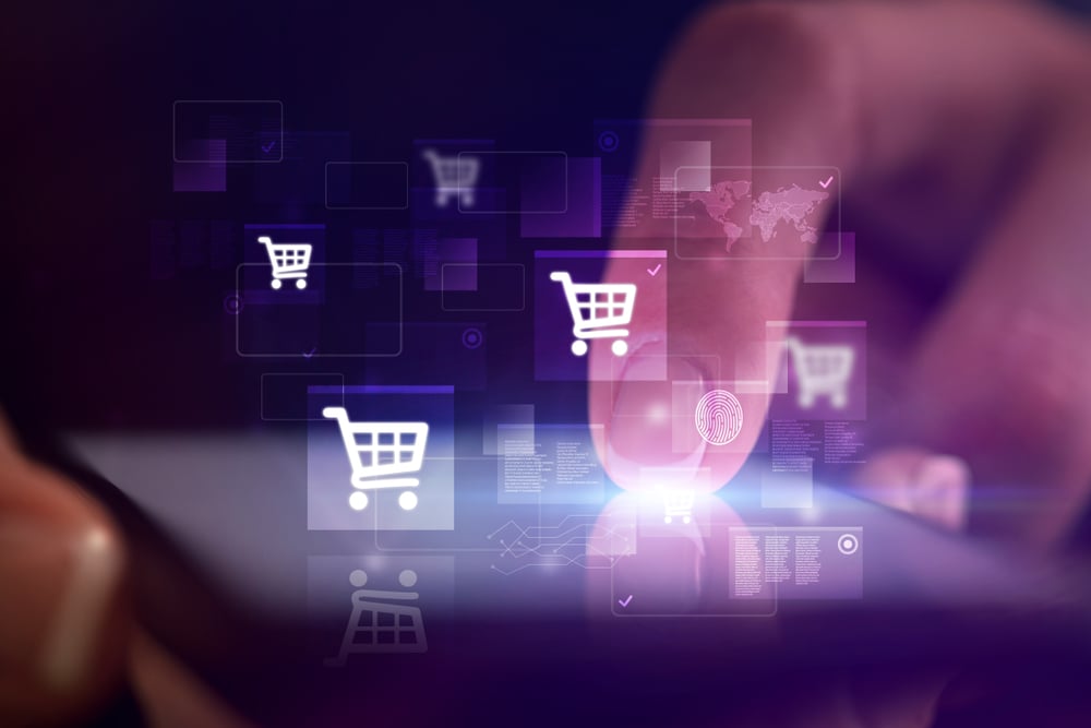 Finger touching phone with online shopping concept and dark background Finger touching phone with online shopping concept and dark background